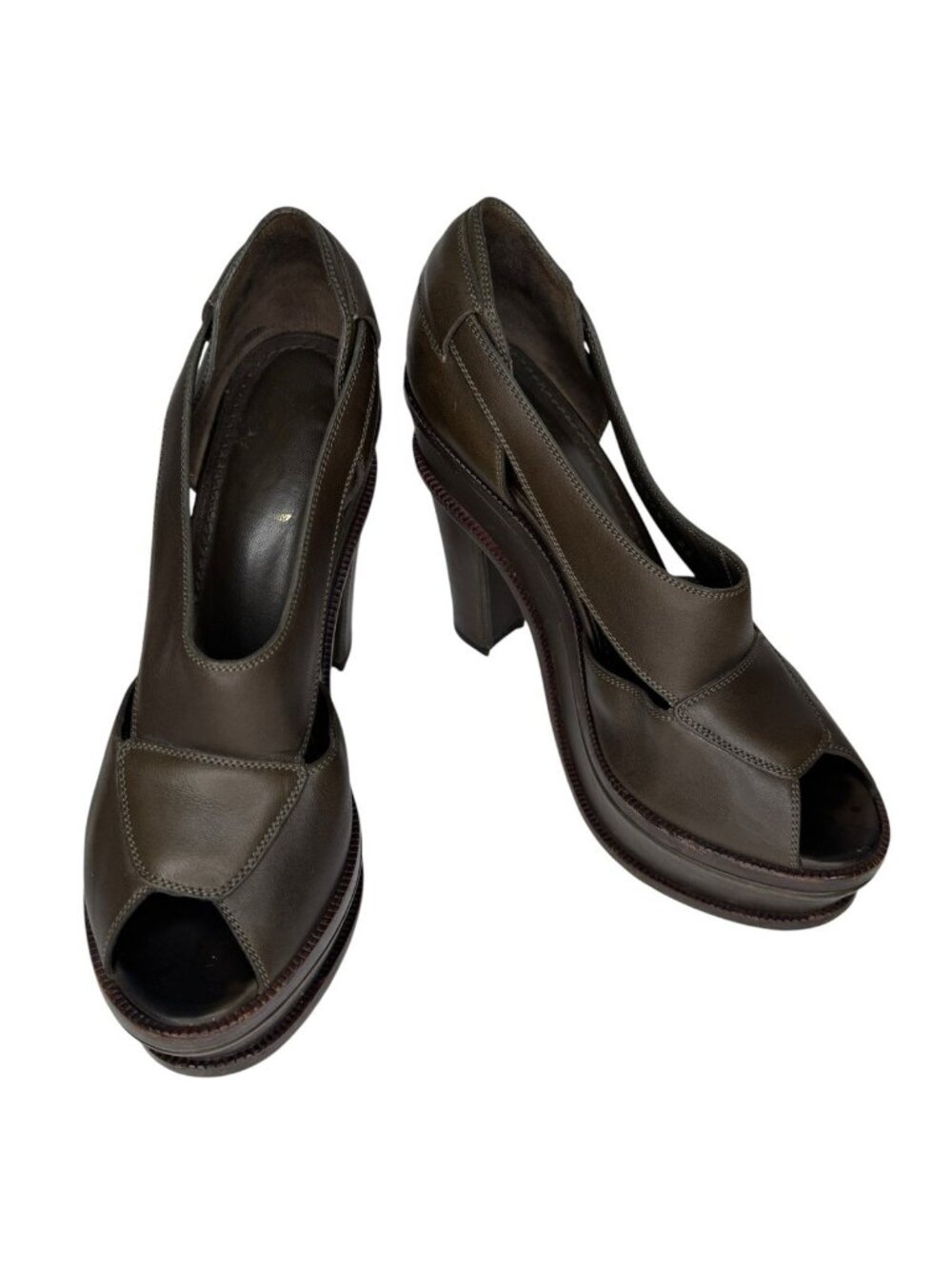 Yves Saint Laurent YSL 39 Olive Green Leather Platform Slingback Peep Toe Pumps